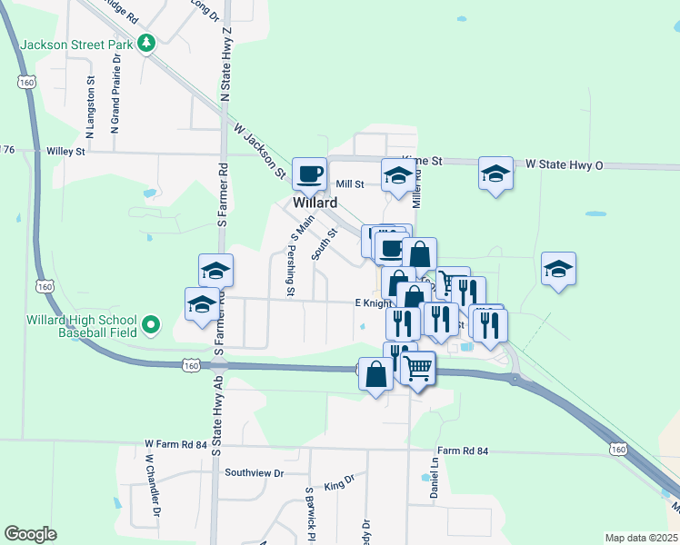 map of restaurants, bars, coffee shops, grocery stores, and more near 302 Howard Street in Willard