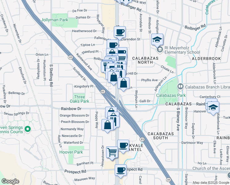 map of restaurants, bars, coffee shops, grocery stores, and more near 1199 South De Anza Boulevard in San Jose