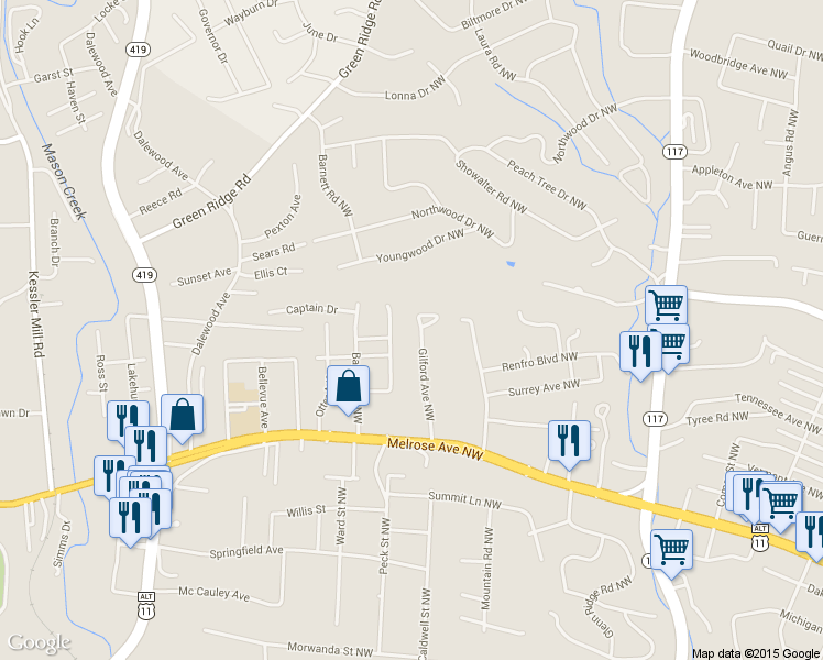 map of restaurants, bars, coffee shops, grocery stores, and more near 1510 Gilford Avenue Northwest in Roanoke