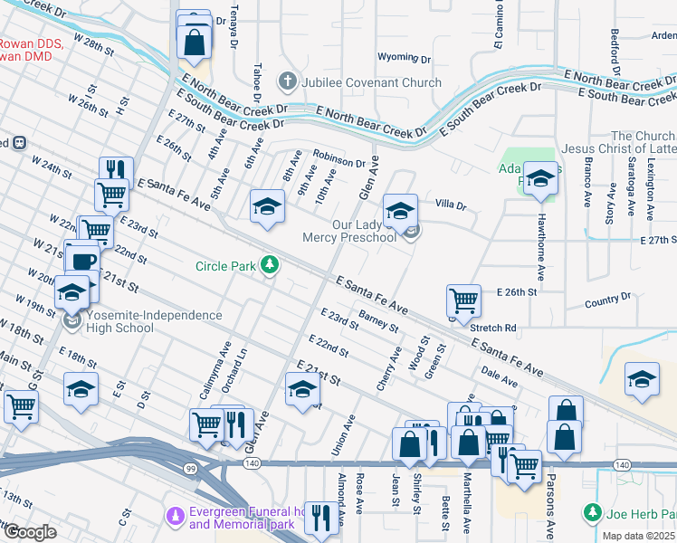 map of restaurants, bars, coffee shops, grocery stores, and more near 1241 East Santa Fe Avenue in Merced