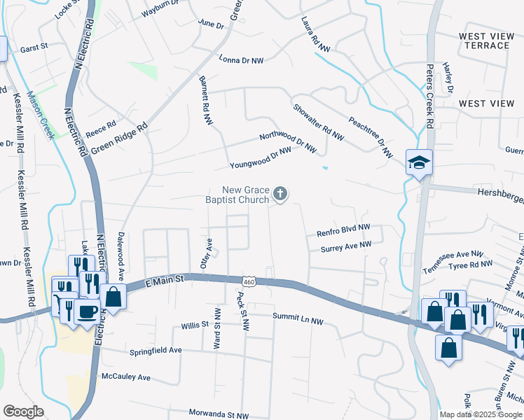 map of restaurants, bars, coffee shops, grocery stores, and more near 1510 Gilford Avenue Northwest in Roanoke