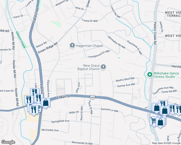 map of restaurants, bars, coffee shops, grocery stores, and more near 1407 Barnett Road Northwest in Roanoke