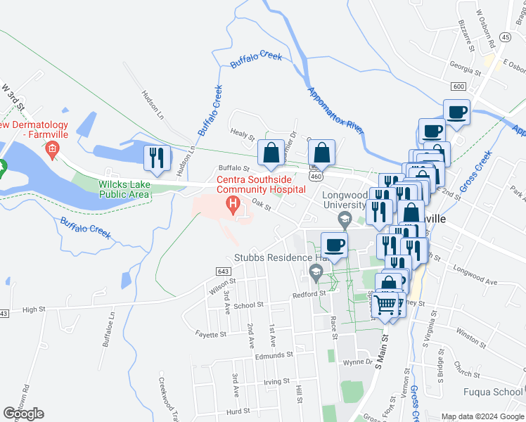 map of restaurants, bars, coffee shops, grocery stores, and more near 705 Oak Street in Farmville