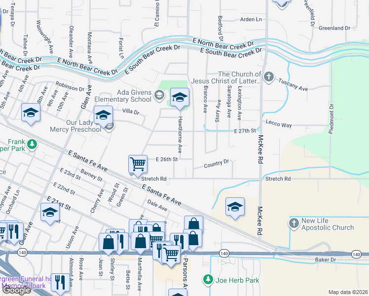 map of restaurants, bars, coffee shops, grocery stores, and more near 2473 Parsons Avenue in Merced