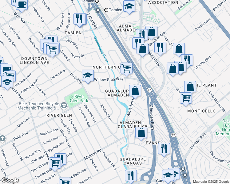 map of restaurants, bars, coffee shops, grocery stores, and more near 1768 Creek Drive in San Jose