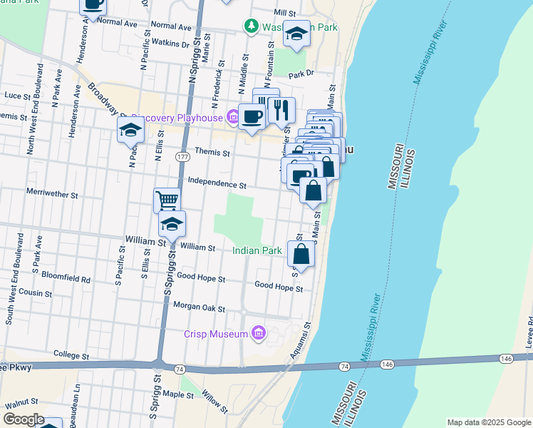 map of restaurants, bars, coffee shops, grocery stores, and more near 101 South Lorimier Street in Cape Girardeau