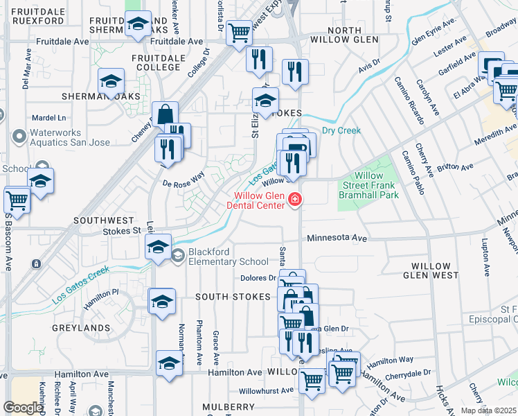 map of restaurants, bars, coffee shops, grocery stores, and more near 1691 Santa Lucia Drive in San Jose