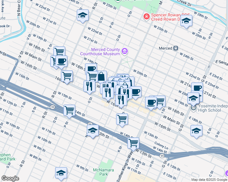 map of restaurants, bars, coffee shops, grocery stores, and more near 635 West Main Street in Merced