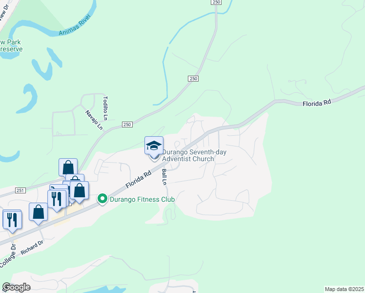 map of restaurants, bars, coffee shops, grocery stores, and more near 1900 County Road 240 in Durango