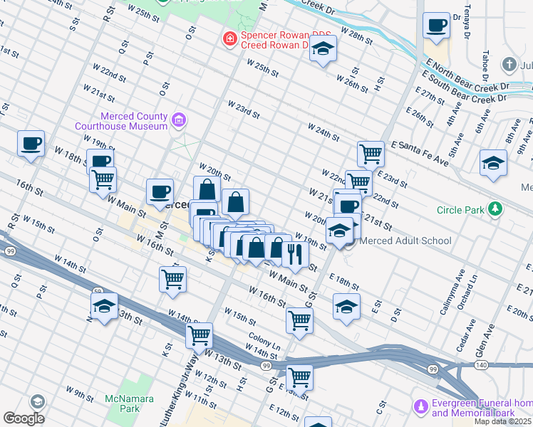 map of restaurants, bars, coffee shops, grocery stores, and more near 226 West 19th Street in Merced