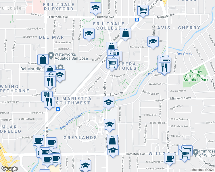 map of restaurants, bars, coffee shops, grocery stores, and more near 1201 Leigh Avenue in San Jose