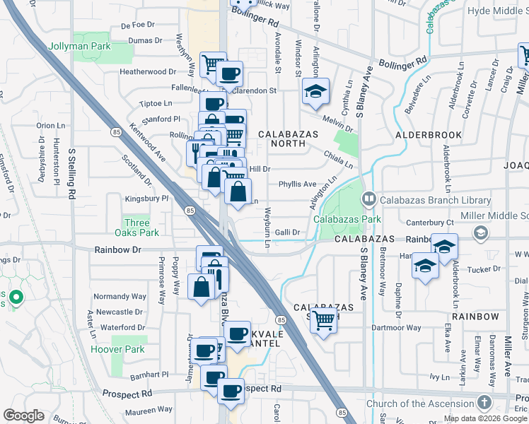 map of restaurants, bars, coffee shops, grocery stores, and more near 7144 Coronado Drive in San Jose