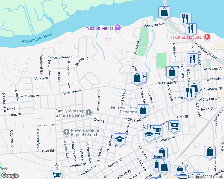 map of restaurants, bars, coffee shops, grocery stores, and more near 2119 Dolin Street in Hopewell
