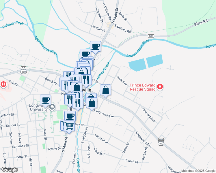 map of restaurants, bars, coffee shops, grocery stores, and more near 205 North Bridge Street in Farmville
