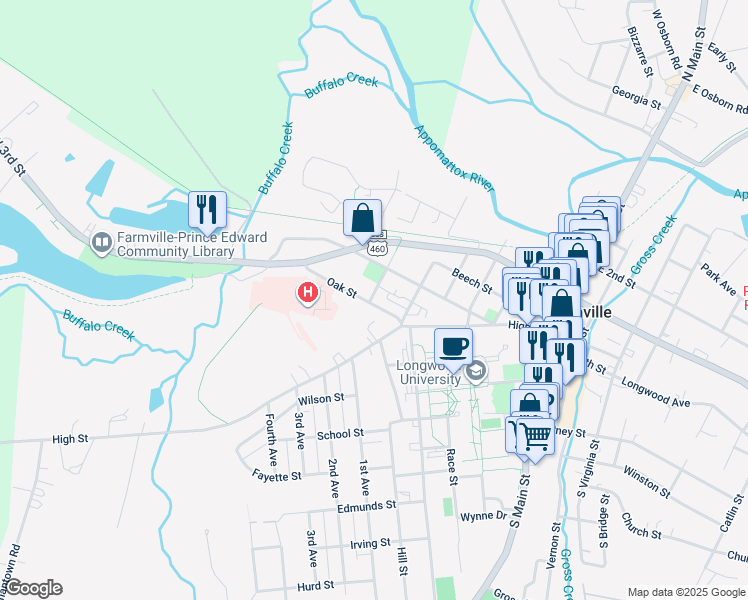map of restaurants, bars, coffee shops, grocery stores, and more near 614 Oak Street in Farmville