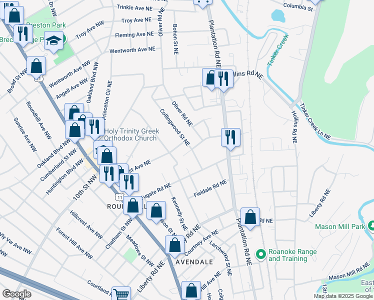 map of restaurants, bars, coffee shops, grocery stores, and more near 3111 Ellsworth Street Northeast in Roanoke