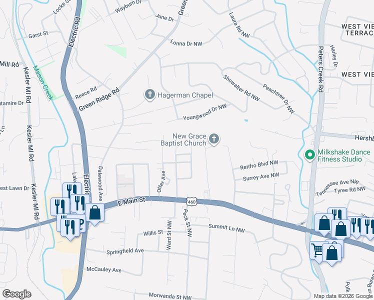 map of restaurants, bars, coffee shops, grocery stores, and more near 1407 Barnett Road Northwest in Roanoke
