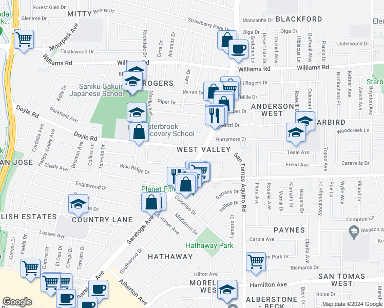 map of restaurants, bars, coffee shops, grocery stores, and more near 1225 Saratoga Avenue in San Jose