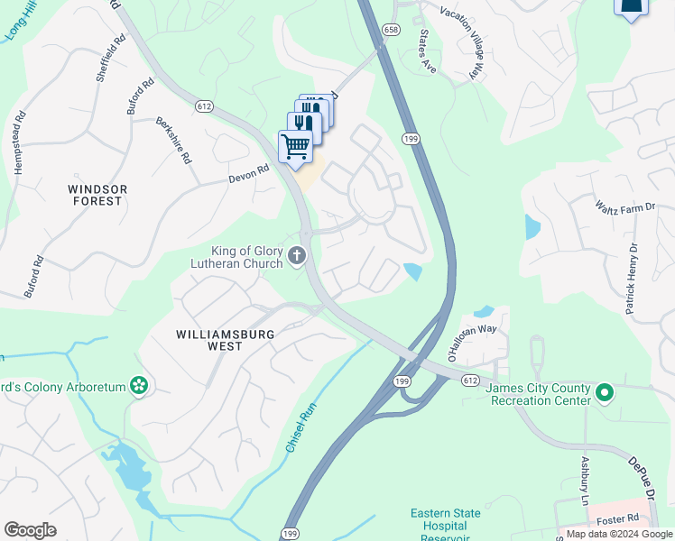 map of restaurants, bars, coffee shops, grocery stores, and more near 5402 Fitzhugh Bacon Drive in Williamsburg