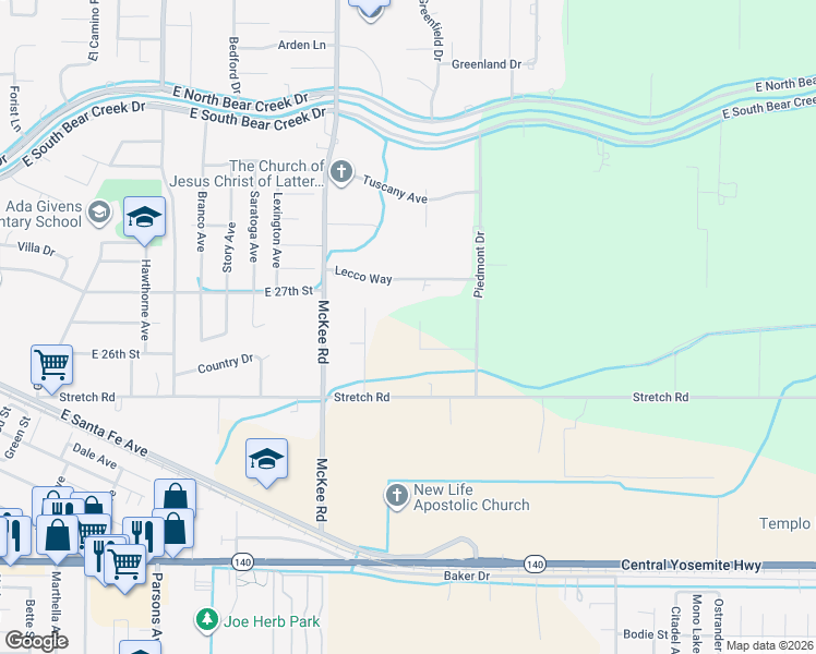 map of restaurants, bars, coffee shops, grocery stores, and more near 2457 Remington Court in Merced