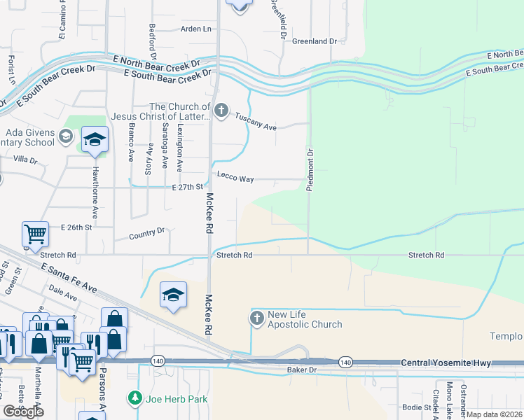 map of restaurants, bars, coffee shops, grocery stores, and more near 2457 Remington Court in Merced