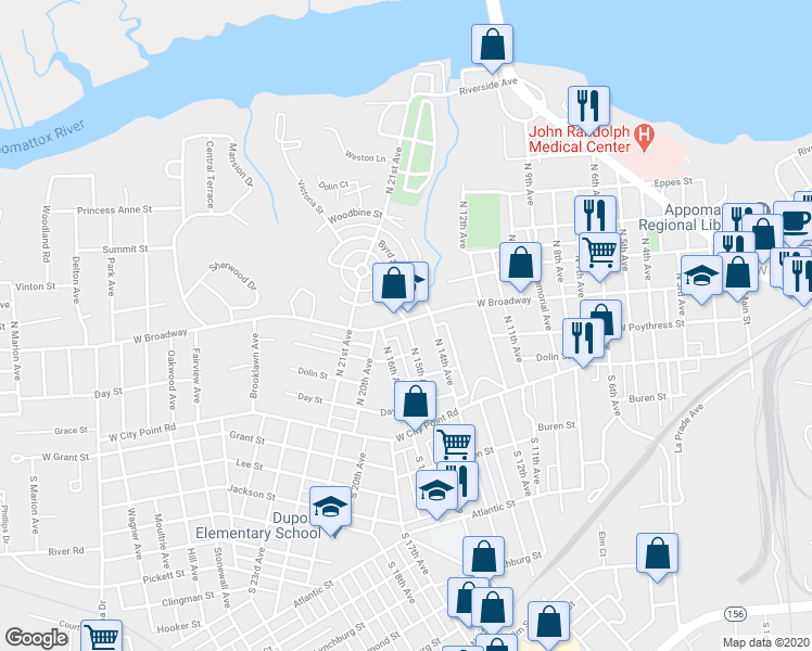 map of restaurants, bars, coffee shops, grocery stores, and more near 1506 West Broadway in Hopewell