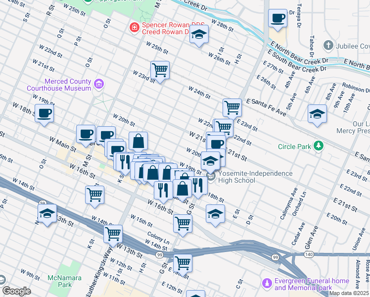 map of restaurants, bars, coffee shops, grocery stores, and more near 136 West 20th Street in Merced