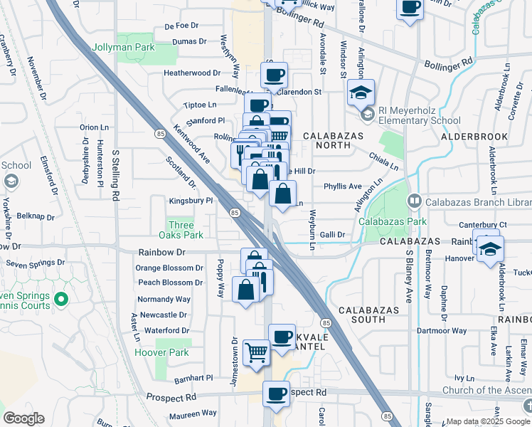 map of restaurants, bars, coffee shops, grocery stores, and more near 1199 South De Anza Boulevard in San Jose
