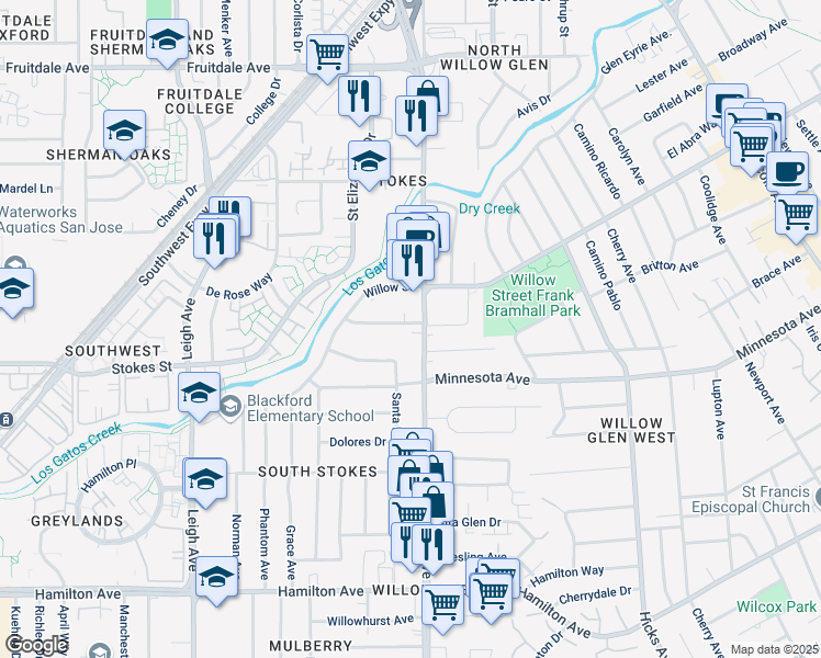 map of restaurants, bars, coffee shops, grocery stores, and more near 1333 Meridian Avenue in San Jose