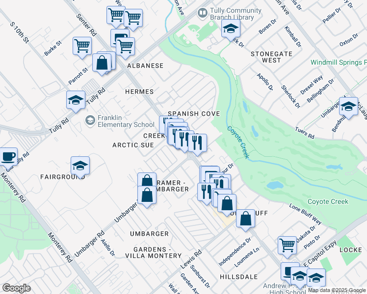map of restaurants, bars, coffee shops, grocery stores, and more near Senter Road in San Jose