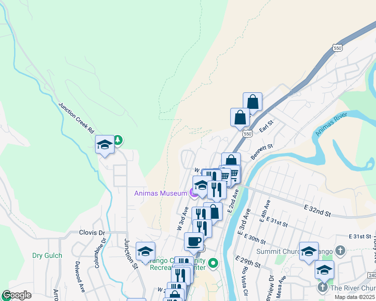 map of restaurants, bars, coffee shops, grocery stores, and more near 3298 West 6th Avenue in Durango