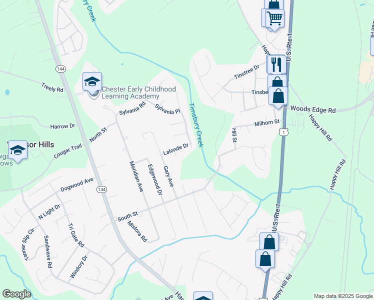 map of restaurants, bars, coffee shops, grocery stores, and more near 3103 Lalonde Drive in Chester