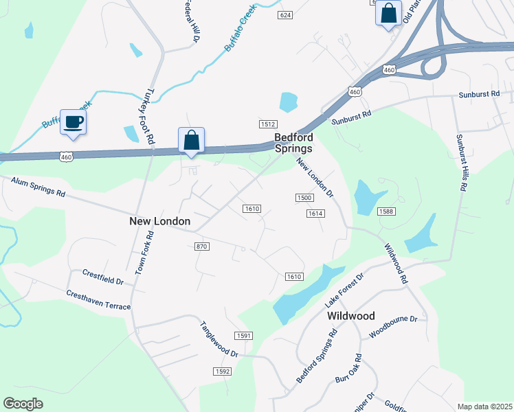 map of restaurants, bars, coffee shops, grocery stores, and more near 205 Sandy Drive in Lynchburg