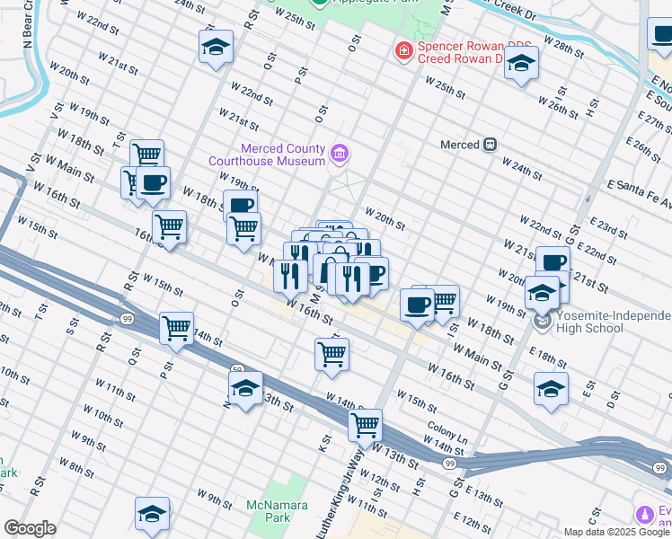 map of restaurants, bars, coffee shops, grocery stores, and more near 560 West 18th Street in Merced