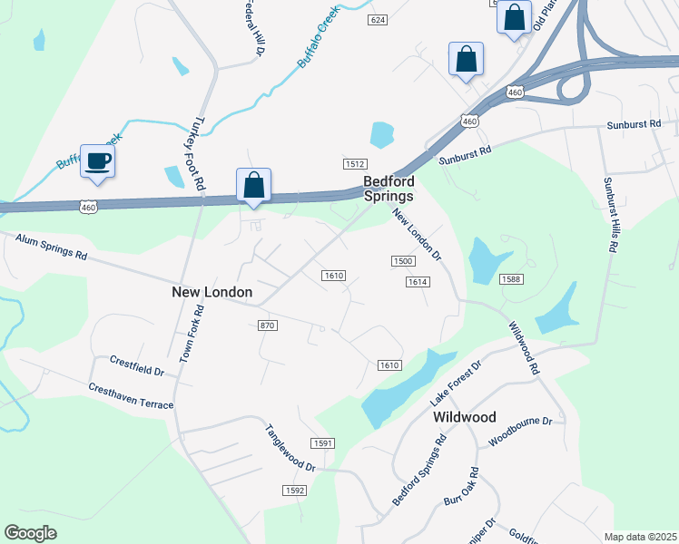 map of restaurants, bars, coffee shops, grocery stores, and more near 205 Sandy Drive in Lynchburg