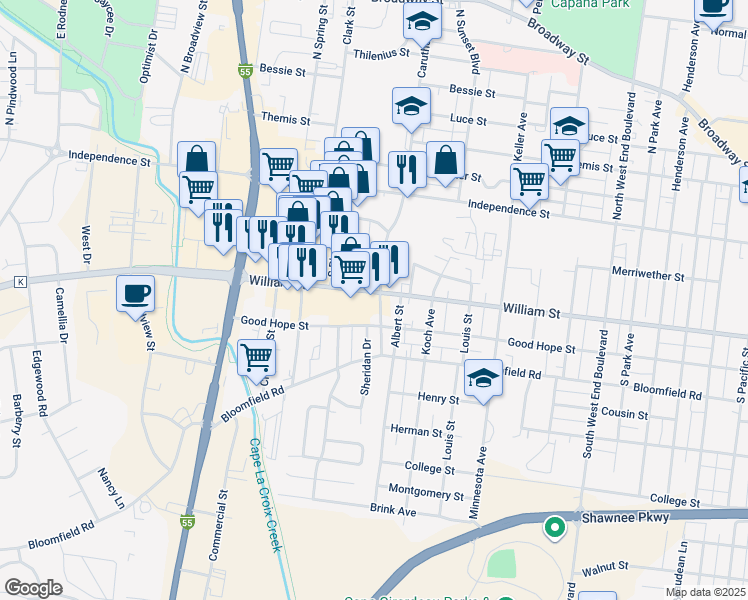 map of restaurants, bars, coffee shops, grocery stores, and more near 2214 Good Hope Street in Cape Girardeau