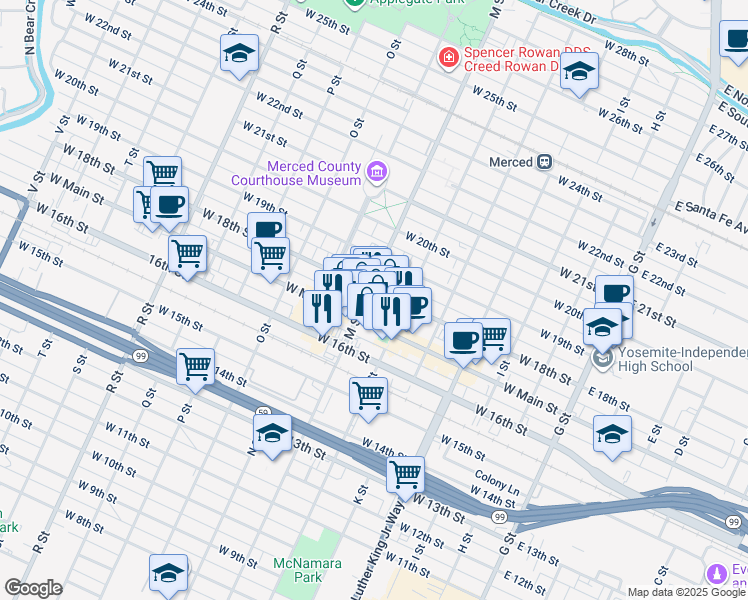 map of restaurants, bars, coffee shops, grocery stores, and more near 560 West 18th Street in Merced