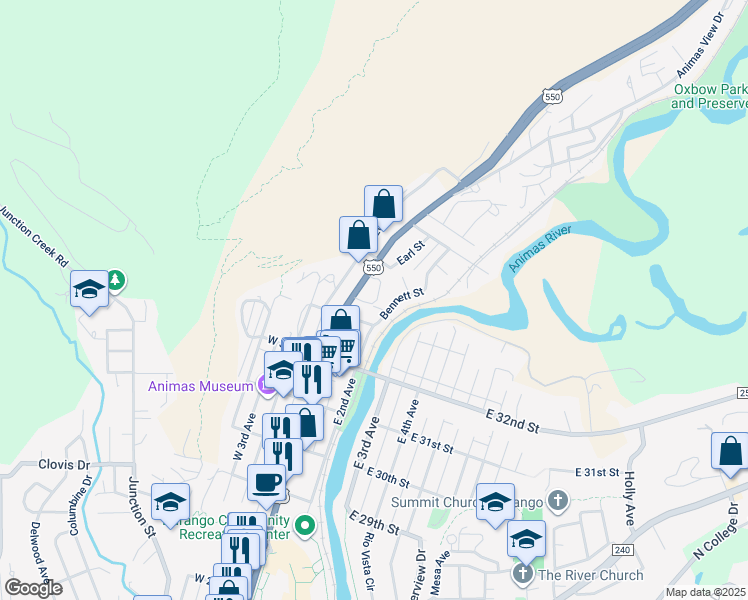 map of restaurants, bars, coffee shops, grocery stores, and more near 3310 Main Avenue in Durango