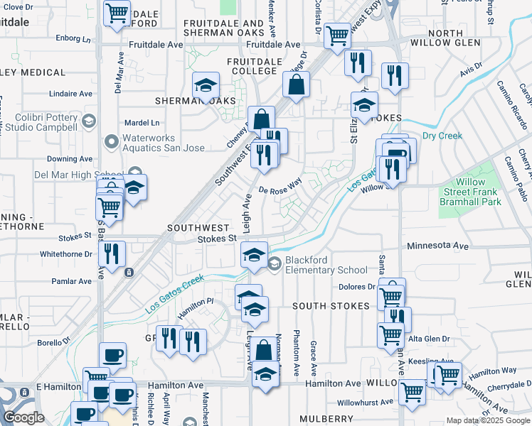 map of restaurants, bars, coffee shops, grocery stores, and more near 1220 Francisco Avenue in San Jose
