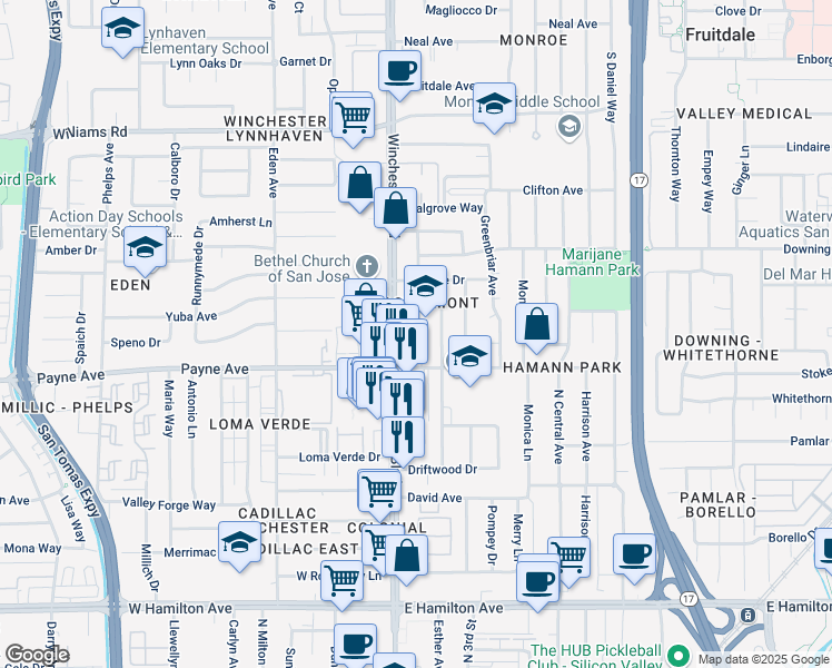 map of restaurants, bars, coffee shops, grocery stores, and more near 1279 Castlemont Avenue in San Jose