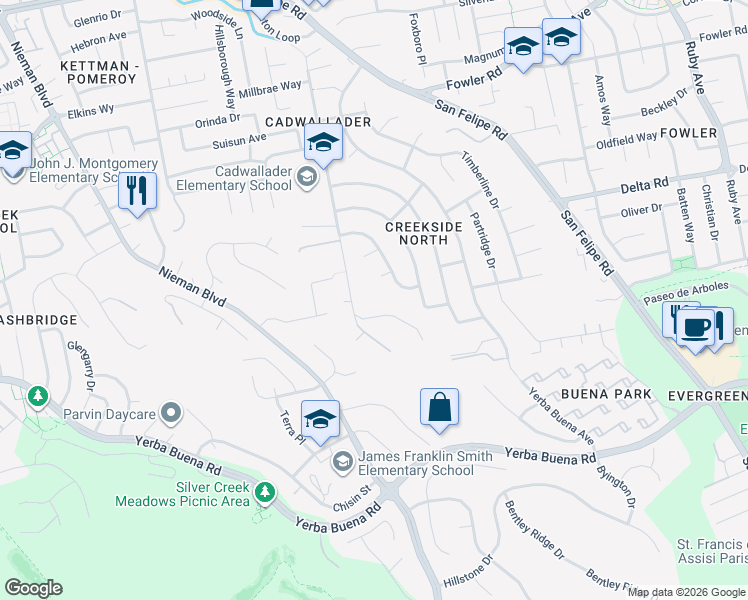 map of restaurants, bars, coffee shops, grocery stores, and more near 4190 Cadwallader Ave in San Jose