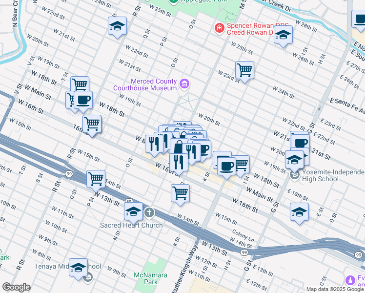 map of restaurants, bars, coffee shops, grocery stores, and more near 557 West Main Street in Merced