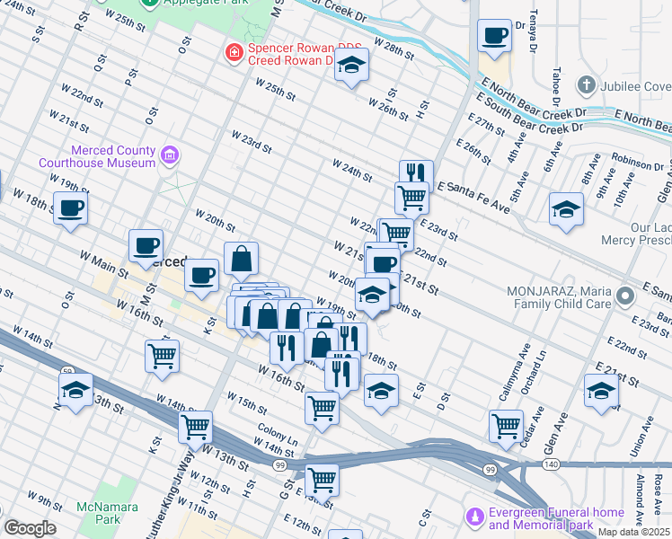 map of restaurants, bars, coffee shops, grocery stores, and more near 121 West 20th Street in Merced