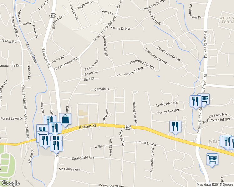 map of restaurants, bars, coffee shops, grocery stores, and more near 1511 Barnett Road Northwest in Roanoke