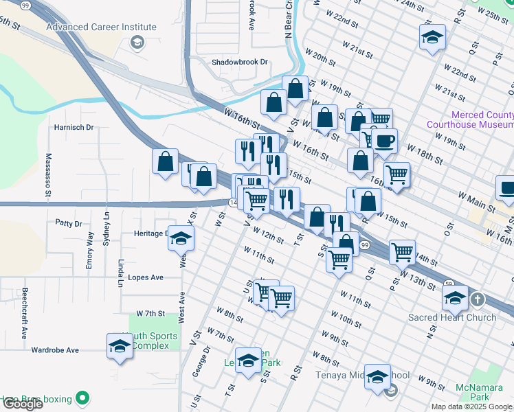 map of restaurants, bars, coffee shops, grocery stores, and more near 1672 West 13th Street in Merced