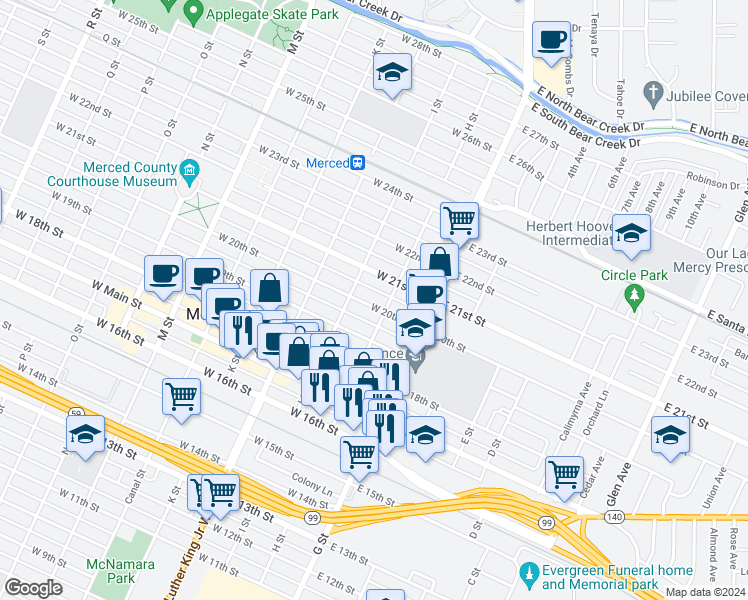 map of restaurants, bars, coffee shops, grocery stores, and more near 123 West 20th Street in Merced
