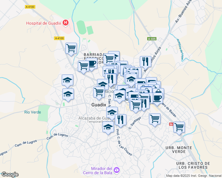 map of restaurants, bars, coffee shops, grocery stores, and more near 6 Calle San Miguel in Guadix