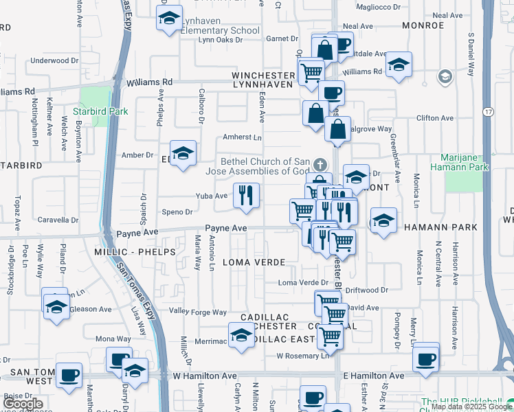 map of restaurants, bars, coffee shops, grocery stores, and more near 3264 Valley Square Lane in San Jose