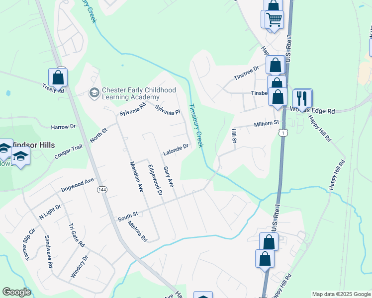 map of restaurants, bars, coffee shops, grocery stores, and more near 3103 Lalonde Drive in Chester