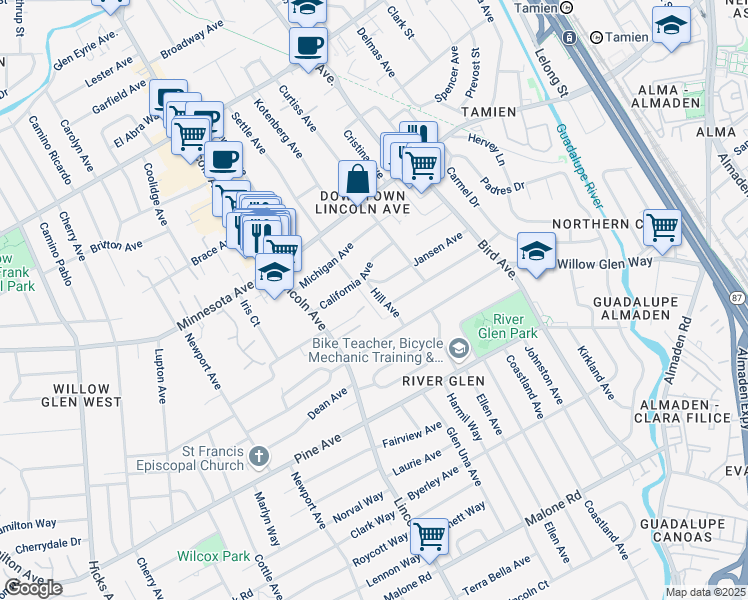 map of restaurants, bars, coffee shops, grocery stores, and more near 1575 Settle Avenue in San Jose